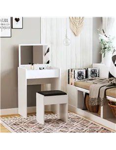 HOMCOM Dressing Table with Mirror and Stool, Vanity Makeup Table with Flip Up Mirror, Vanity Desk with Storage Unit and Padded S 2