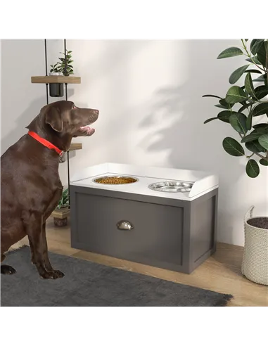 PawHut Stainless Steel Raised Dog Bowls, with 21L Storage Drawer for Large Dogs - Grey