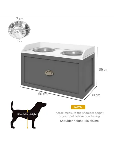 PawHut Stainless Steel Raised Dog Bowls, with 21L Storage Drawer for Large Dogs - Grey