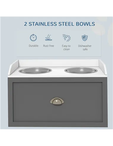 PawHut Stainless Steel Raised Dog Bowls, with 21L Storage Drawer for Large Dogs - Grey