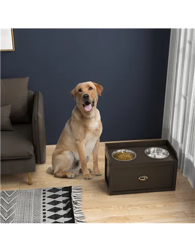 PawHut Stainless Steel Raised Dog Bowls, with 21L Storage Drawer for Large Dogs - Brown