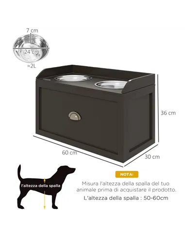 PawHut Stainless Steel Raised Dog Bowls, with 21L Storage Drawer for Large Dogs - Brown