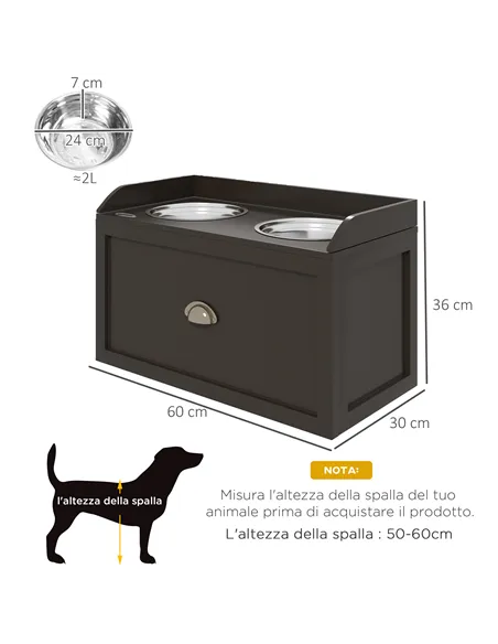 PawHut Stainless Steel Raised Dog Bowls, with 21L Storage Drawer for Large Dogs - Brown