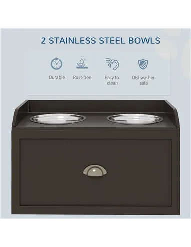 PawHut Stainless Steel Raised Dog Bowls, with 21L Storage Drawer for Large Dogs - Brown