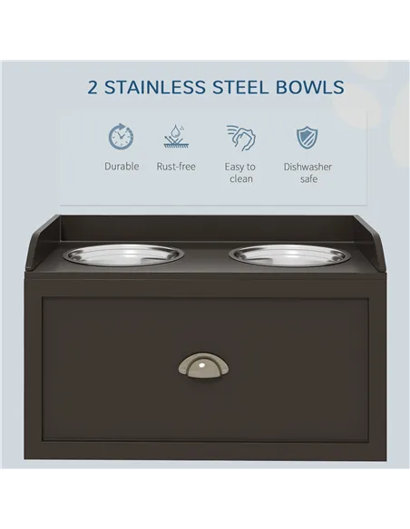 PawHut Stainless Steel Raised Dog Bowls, with 21L Storage Drawer for Large Dogs - Brown