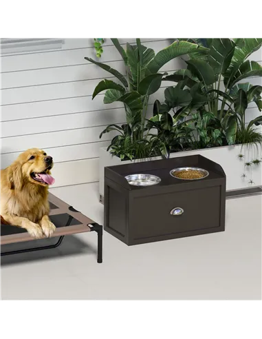 PawHut Stainless Steel Raised Dog Bowls, with 21L Storage Drawer for Large Dogs - Brown