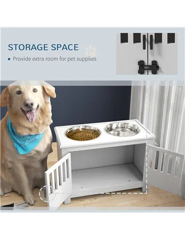 PawHut Raised Dog Bowls, Pet Feeding Station, with Storage, Food and Water Bowls, for Large Dogs - White