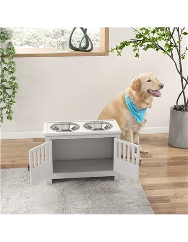 PawHut Raised Dog Bowls, Pet Feeding Station, with Storage, Food and Water Bowls, for Large Dogs - White