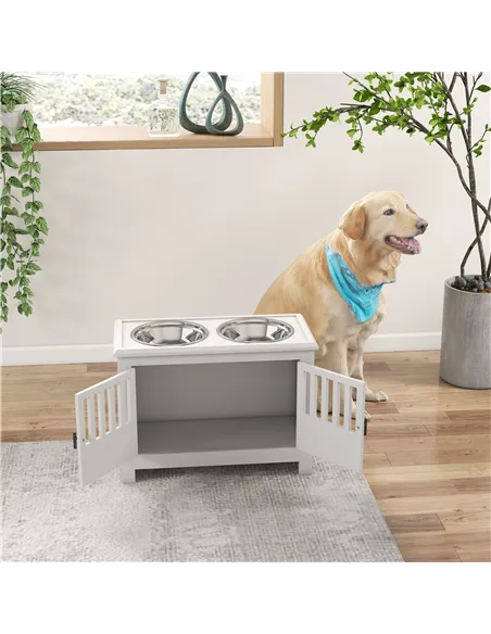PawHut Raised Dog Bowls, Pet Feeding Station, with Storage, Food and Water Bowls, for Large Dogs - White