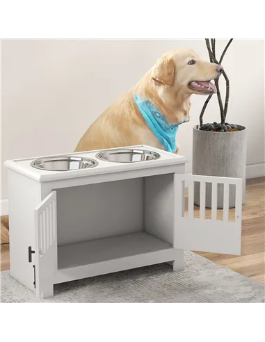 PawHut Raised Dog Bowls, Pet Feeding Station, with Storage, Food and Water Bowls, for Large Dogs - White