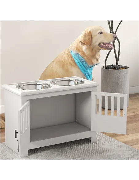 PawHut Raised Dog Bowls, Pet Feeding Station, with Storage, Food and Water Bowls, for Large Dogs - White