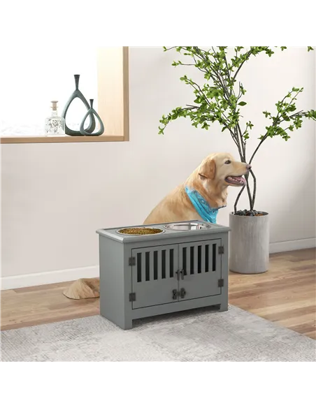 PawHut Raised Dog Bowls, Pet Feeding Station, with Storage, Food and Water Bowls, for Large Dogs - Grey