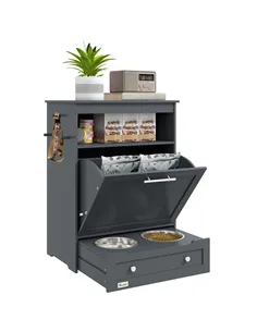 PawHut Pet Feeder Station, Dog, Cat Storage Container, with Raised Bowls, Hanger, Cabinet - Grey