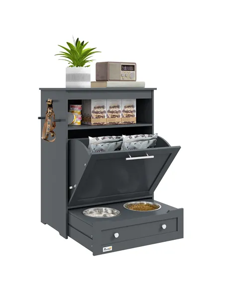 PawHut Pet Feeder Station, Dog, Cat Storage Container, with Raised Bowls, Hanger, Cabinet - Grey