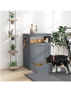 PawHut Pet Feeder Station, Dog, Cat Storage Container, with Raised Bowls, Hanger, Cabinet - Grey 2