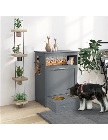 PawHut Pet Feeder Station, Dog, Cat Storage Container, with Raised Bowls, Hanger, Cabinet - Grey