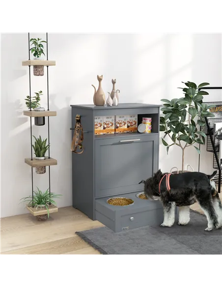 PawHut Pet Feeder Station, Dog, Cat Storage Container, with Raised Bowls, Hanger, Cabinet - Grey