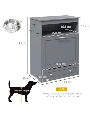 PawHut Pet Feeder Station, Dog, Cat Storage Container, with Raised Bowls, Hanger, Cabinet - Grey