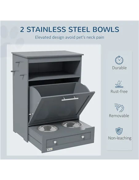 PawHut Pet Feeder Station, Dog, Cat Storage Container, with Raised Bowls, Hanger, Cabinet - Grey
