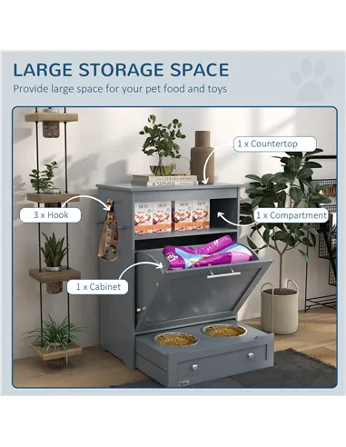 PawHut Pet Feeder Station, Dog, Cat Storage Container, with Raised Bowls, Hanger, Cabinet - Grey