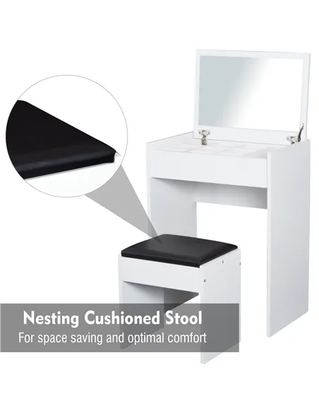 HOMCOM Dressing Table with Mirror and Stool, Vanity Makeup Table with Flip Up Mirror, Vanity Desk with Storage Unit and Padded S