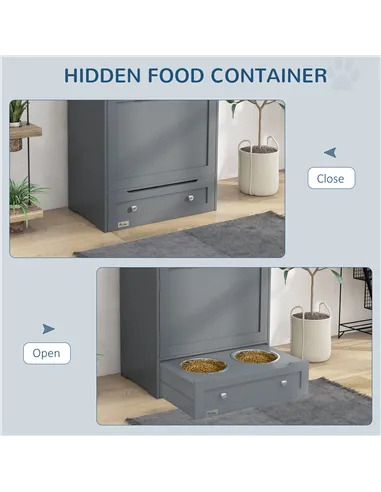 PawHut Pet Feeder Station, Dog, Cat Storage Container, with Raised Bowls, Hanger, Cabinet - Grey