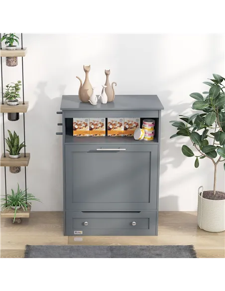 PawHut Pet Feeder Station, Dog, Cat Storage Container, with Raised Bowls, Hanger, Cabinet - Grey