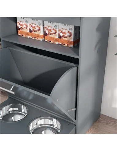 PawHut Pet Feeder Station, Dog, Cat Storage Container, with Raised Bowls, Hanger, Cabinet - Grey
