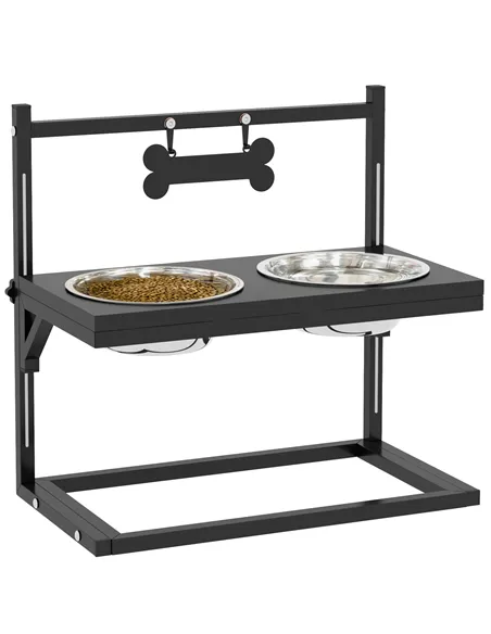 PawHut Dog Bowls with Stand, Adjustable Height Elevated Dog Bows for Small Medium Large Dogs - Black
