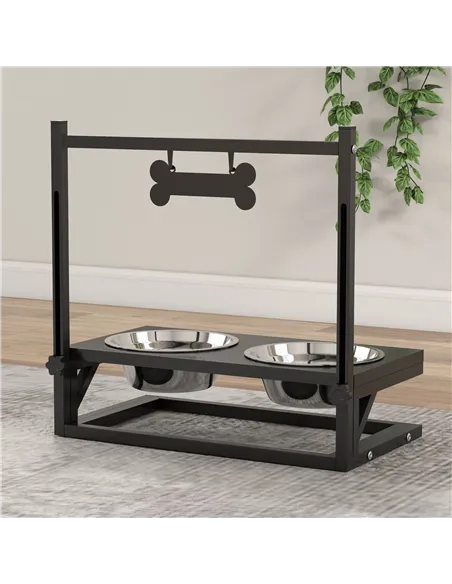 PawHut Dog Bowls with Stand, Adjustable Height Elevated Dog Bows for Small Medium Large Dogs - Black