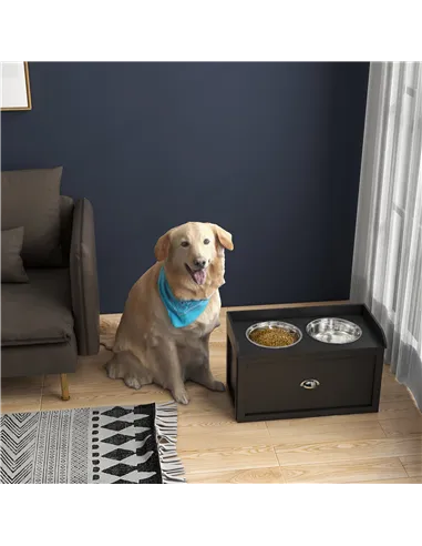 PawHut Stainless Steel Raised Dog Bowls, with 21L Storage Drawer for Large Dogs and Cats - Black
