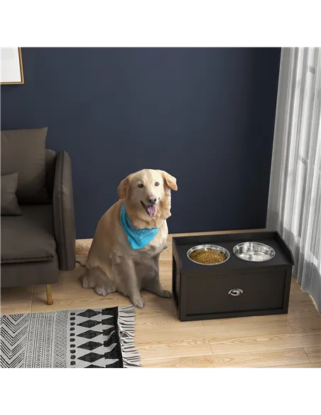 PawHut Stainless Steel Raised Dog Bowls, with 21L Storage Drawer for Large Dogs and Cats - Black