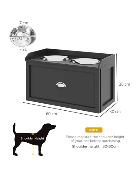 PawHut Stainless Steel Raised Dog Bowls, with 21L Storage Drawer for Large Dogs and Cats - Black