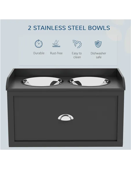 PawHut Stainless Steel Raised Dog Bowls, with 21L Storage Drawer for Large Dogs and Cats - Black
