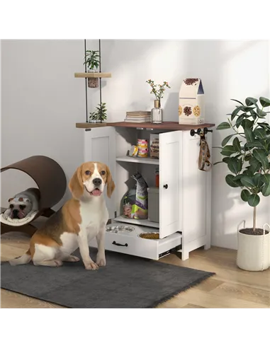 PawHut Pet Feeding Station with Raised Dog Bowls, Adjustable Panel, Hooks, White