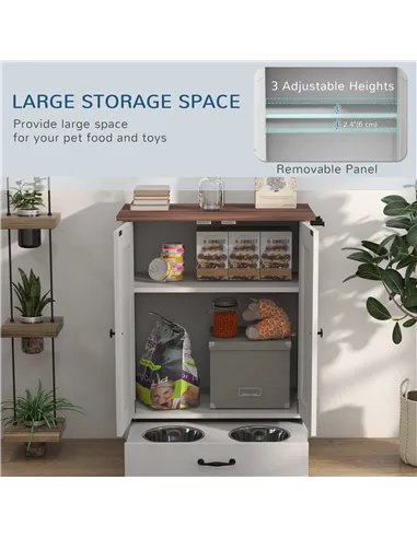 PawHut Pet Feeding Station with Raised Dog Bowls, Adjustable Panel, Hooks, White