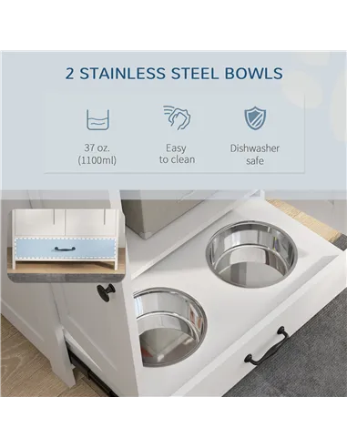 PawHut Pet Feeding Station with Raised Dog Bowls, Adjustable Panel, Hooks, White