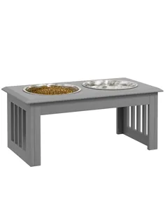 PawHut Raised Dog Feeding Bowls with Stand, Stainless Steel for Medium Dog, 58L x 31W x 25H cm - Grey