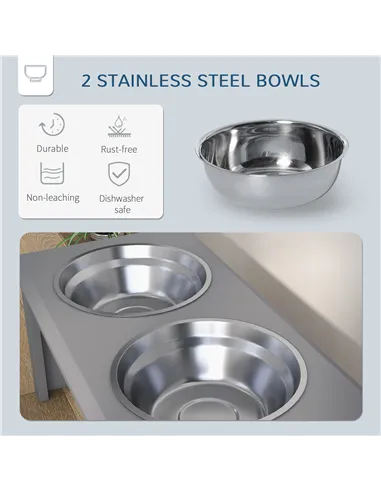 PawHut Raised Dog Feeding Bowls with Stand, Stainless Steel for Medium Dog, 58L x 31W x 25H cm - Grey