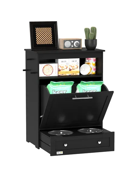 PawHut Pet Feeder Station, Dog, Cat Storage Container, with Raised Bowls, Hanger, Cabinet - Black