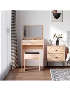 HOMCOM Dressing Table with Mirror and Stool, Vanity Makeup Table with Flip Up Mirror, Vanity Desk with Storage Unit and Padded S 2