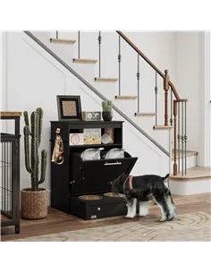PawHut Pet Feeder Station, Dog, Cat Storage Container, with Raised Bowls, Hanger, Cabinet - Black 2