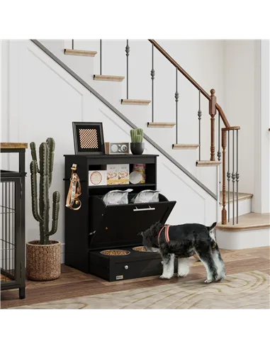 PawHut Pet Feeder Station, Dog, Cat Storage Container, with Raised Bowls, Hanger, Cabinet - Black