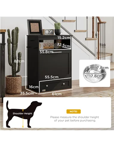 PawHut Pet Feeder Station, Dog, Cat Storage Container, with Raised Bowls, Hanger, Cabinet - Black