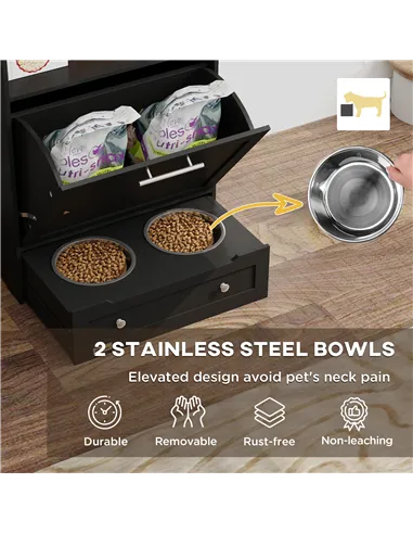PawHut Pet Feeder Station, Dog, Cat Storage Container, with Raised Bowls, Hanger, Cabinet - Black