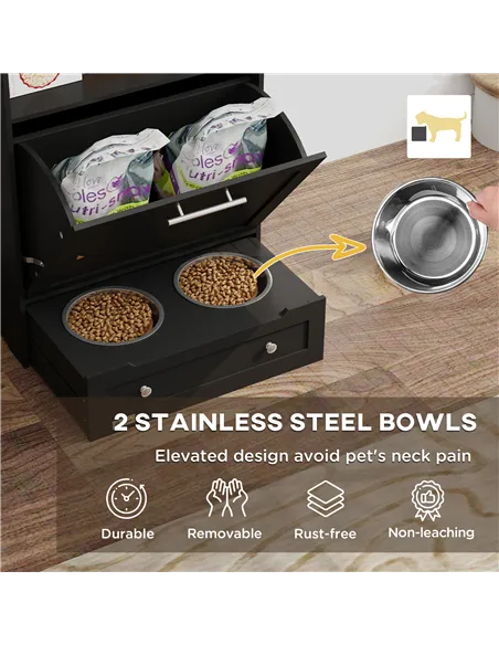 PawHut Pet Feeder Station, Dog, Cat Storage Container, with Raised Bowls, Hanger, Cabinet - Black