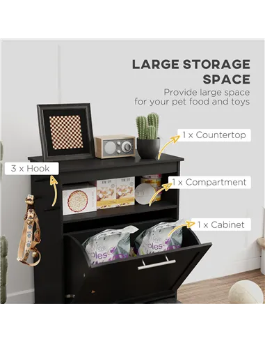 PawHut Pet Feeder Station, Dog, Cat Storage Container, with Raised Bowls, Hanger, Cabinet - Black