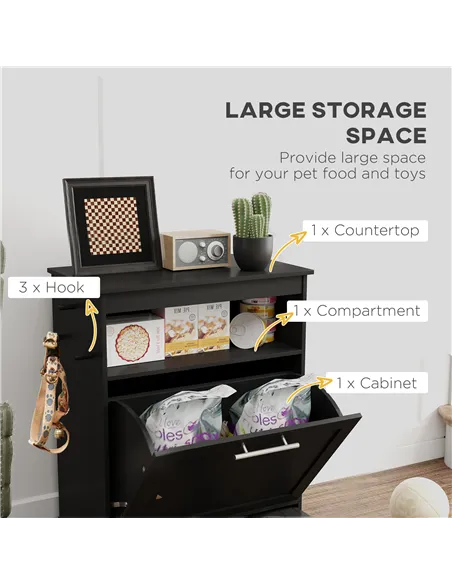 PawHut Pet Feeder Station, Dog, Cat Storage Container, with Raised Bowls, Hanger, Cabinet - Black