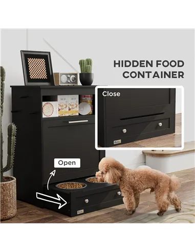 PawHut Pet Feeder Station, Dog, Cat Storage Container, with Raised Bowls, Hanger, Cabinet - Black
