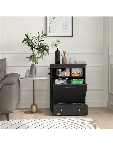 PawHut Pet Feeder Station, Dog, Cat Storage Container, with Raised Bowls, Hanger, Cabinet - Black